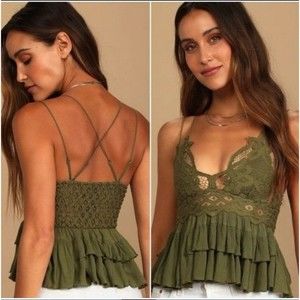 NWT Intimately Free People One Adella Olive Sparrow Lace Smocked Boho Cami M